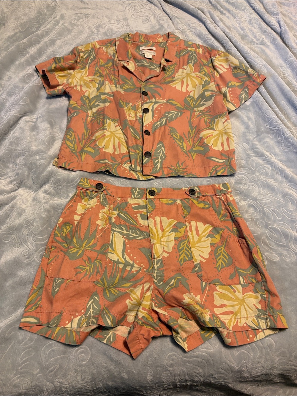 Cynthia Rowley Coral Tropical Print High-Waist Shorts Set
